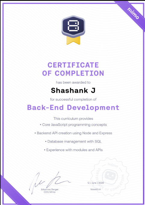 Backend Development Certificate